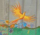 A large yellow bird has been painted on the wall between the Aamer home and their village.